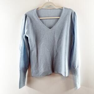 Kinross Cashmere V Neck Pullover Puff Sleeve Sweater Blue Medium